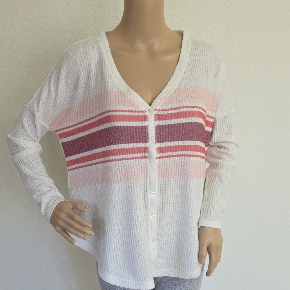 Colsie Textured White With Colored Stripe Cable Knit Button Up Sweater